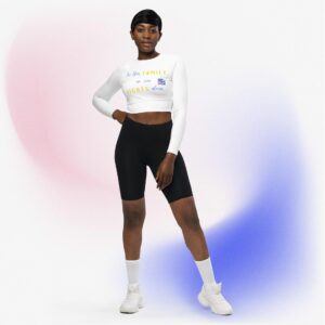 Recycled long-sleeve crop top "In this family..."